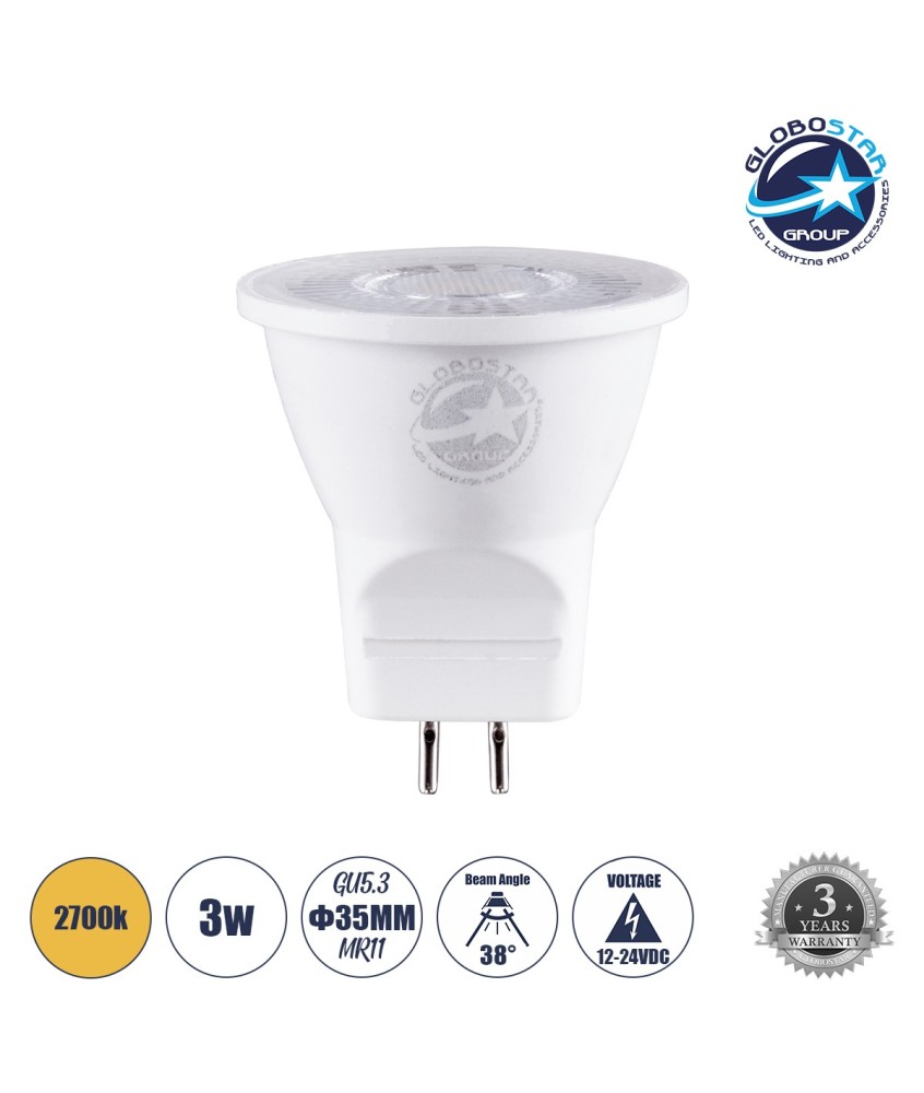 GLOBOSTAR® TINO 60110 Σποτ GU5.3 MR11 LED 3W 300lm 38° DC 12-24V IP20 Θερμό Λευκό 2700K - Lumileds SMD Chip - Μ3.5 x Π3.5 x Υ3.5cm - 3 Χρόνια Εγγύηση